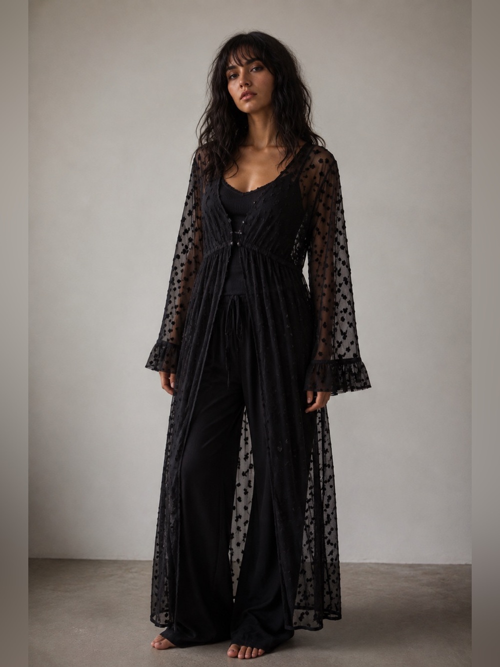 Forever 21 Black Polka Dot Mesh Maxi Sheer Cardigan Duster Size L Whimsigoth